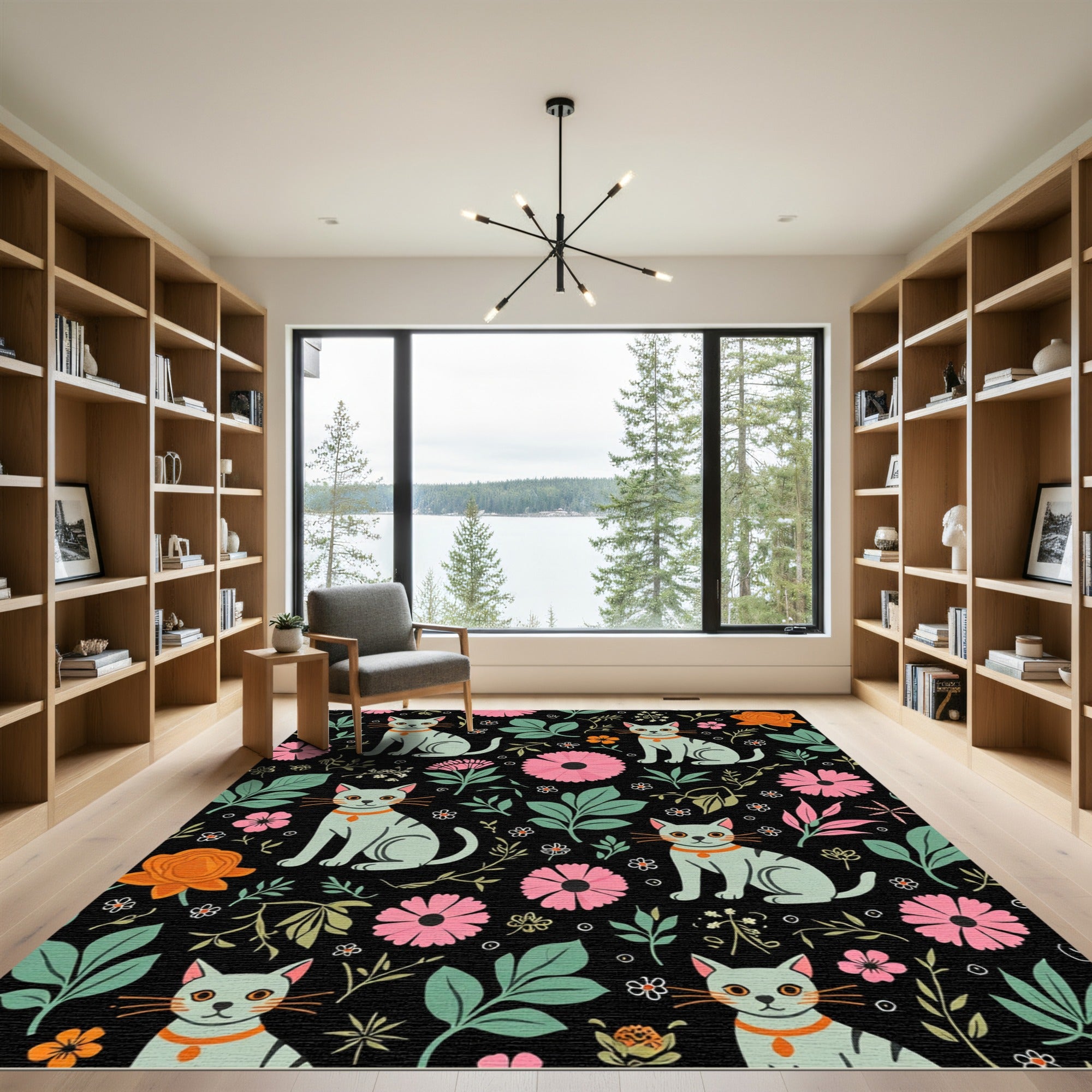Whimsical Gray Cats Floral Garden Rug