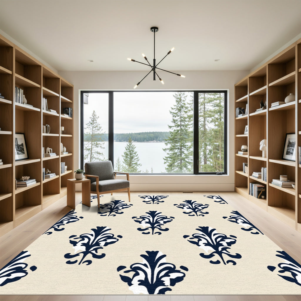 Dark Blue Damask Floral Crest Rug