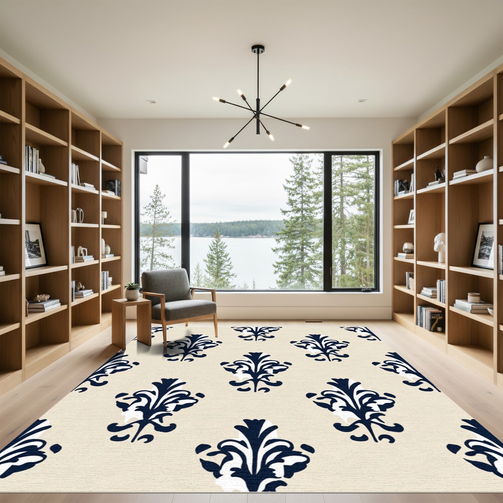 Dark Blue Damask Floral Crest Rug
