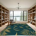 Golden Leafy Palm Feathers Teal Rug