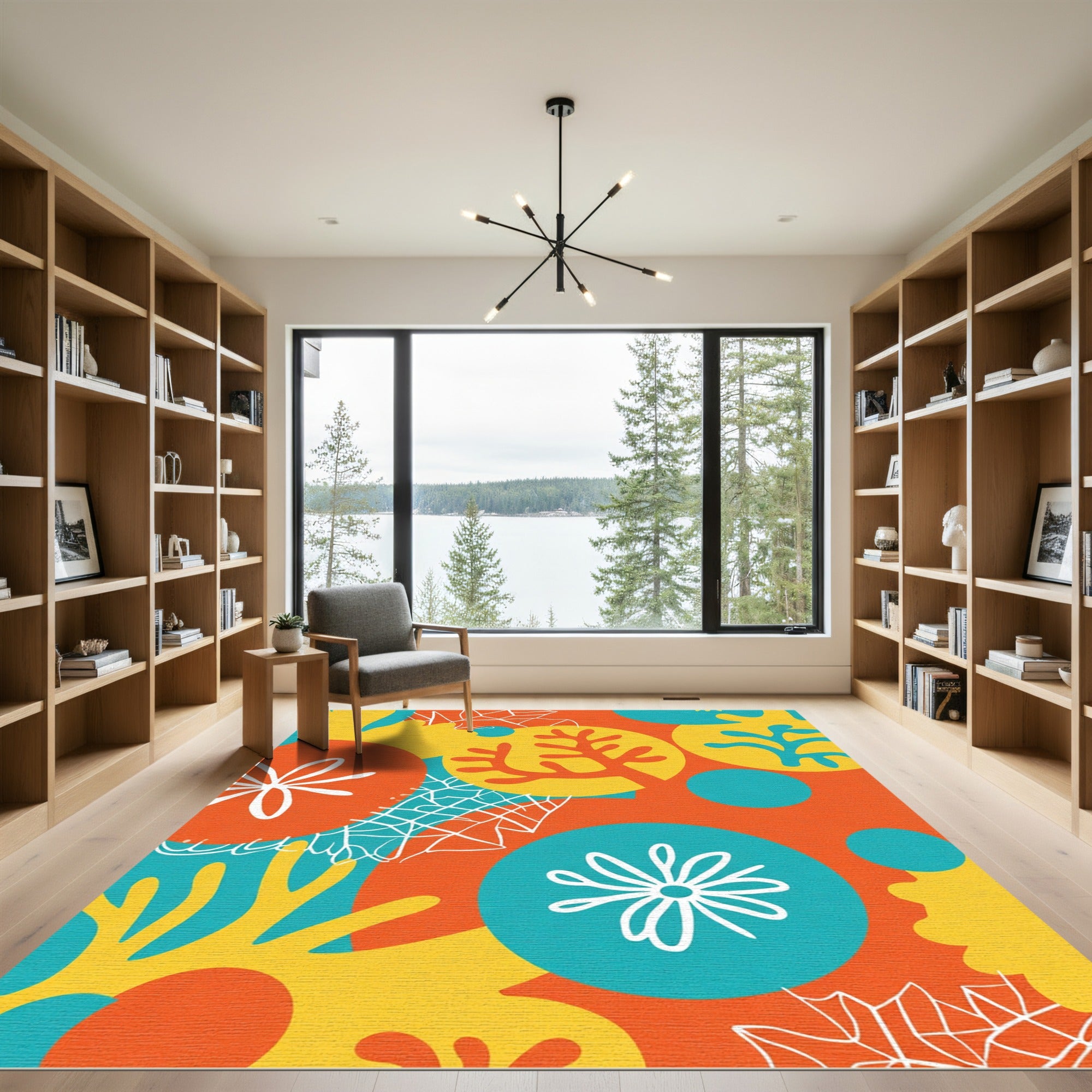 Vibrant Coral Yellow Aqua Abstract Shapes Rug