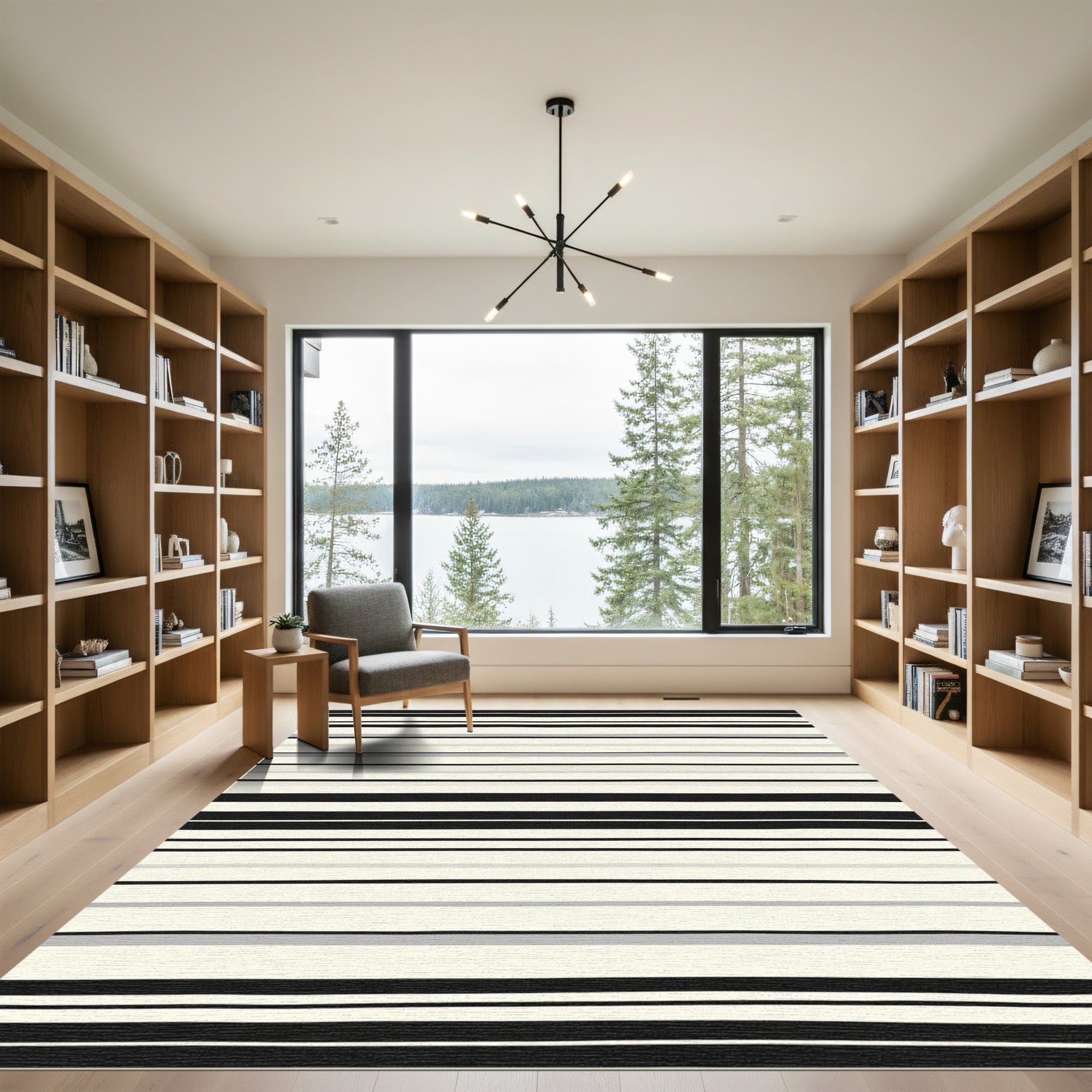 Modern Black Gray Cream Stripe Rug