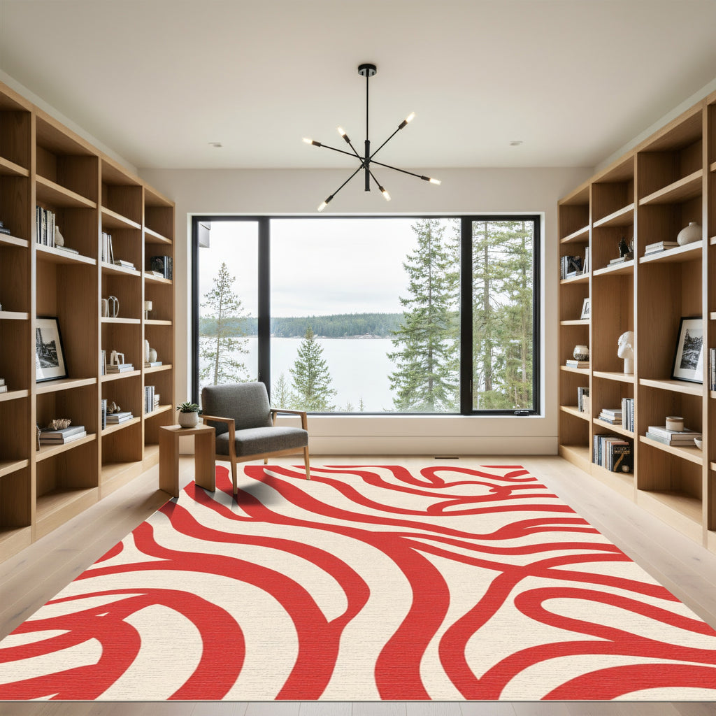 Crimson Red Wavy Lines Rug