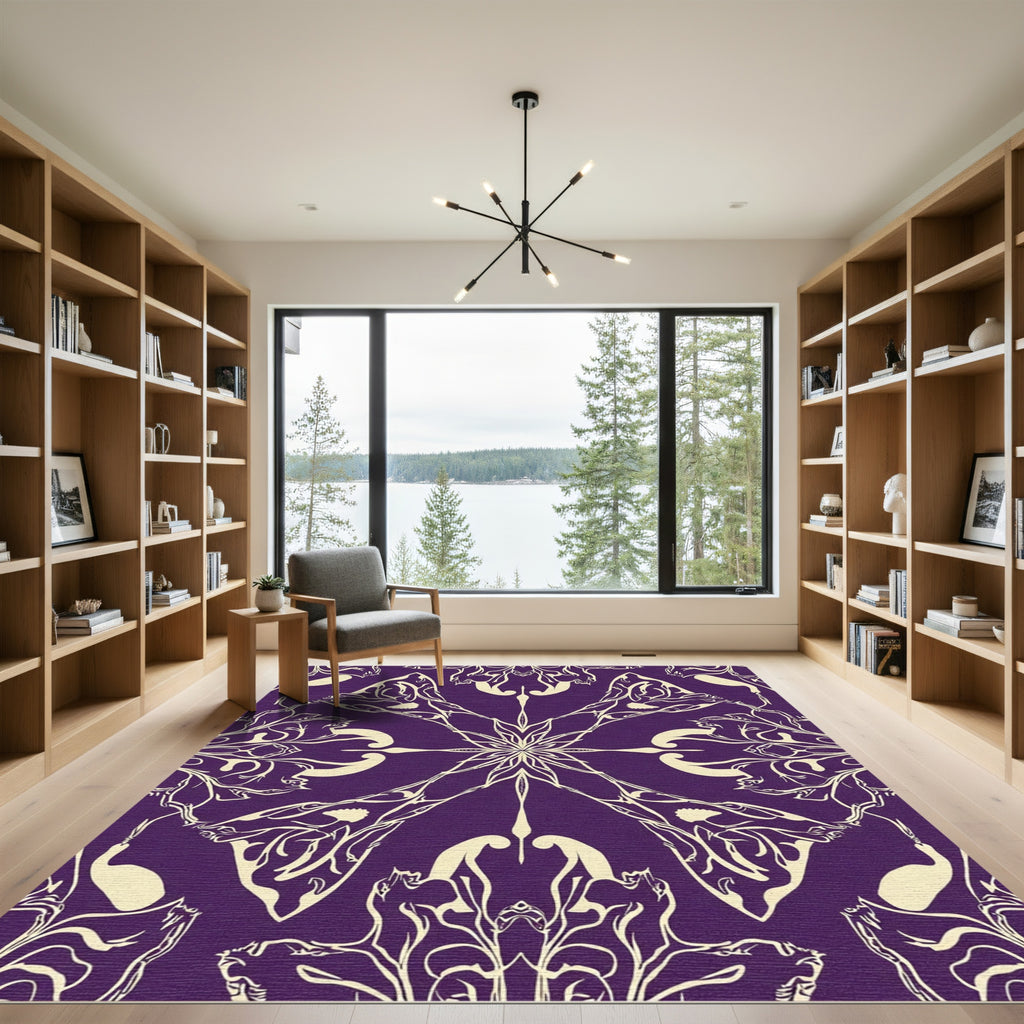 Purple Beige Symmetrical Floral Emblem Rug