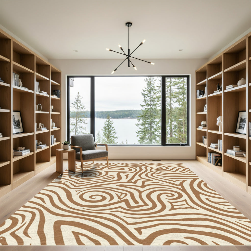 Brown Cream Abstract Swirl Lines Rug