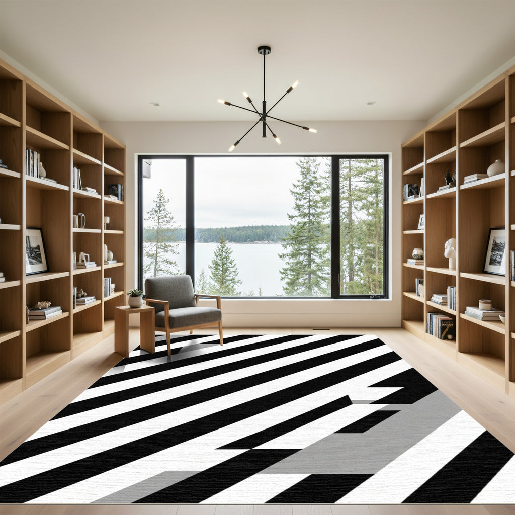 Bold Black White Angled Stripe Rug