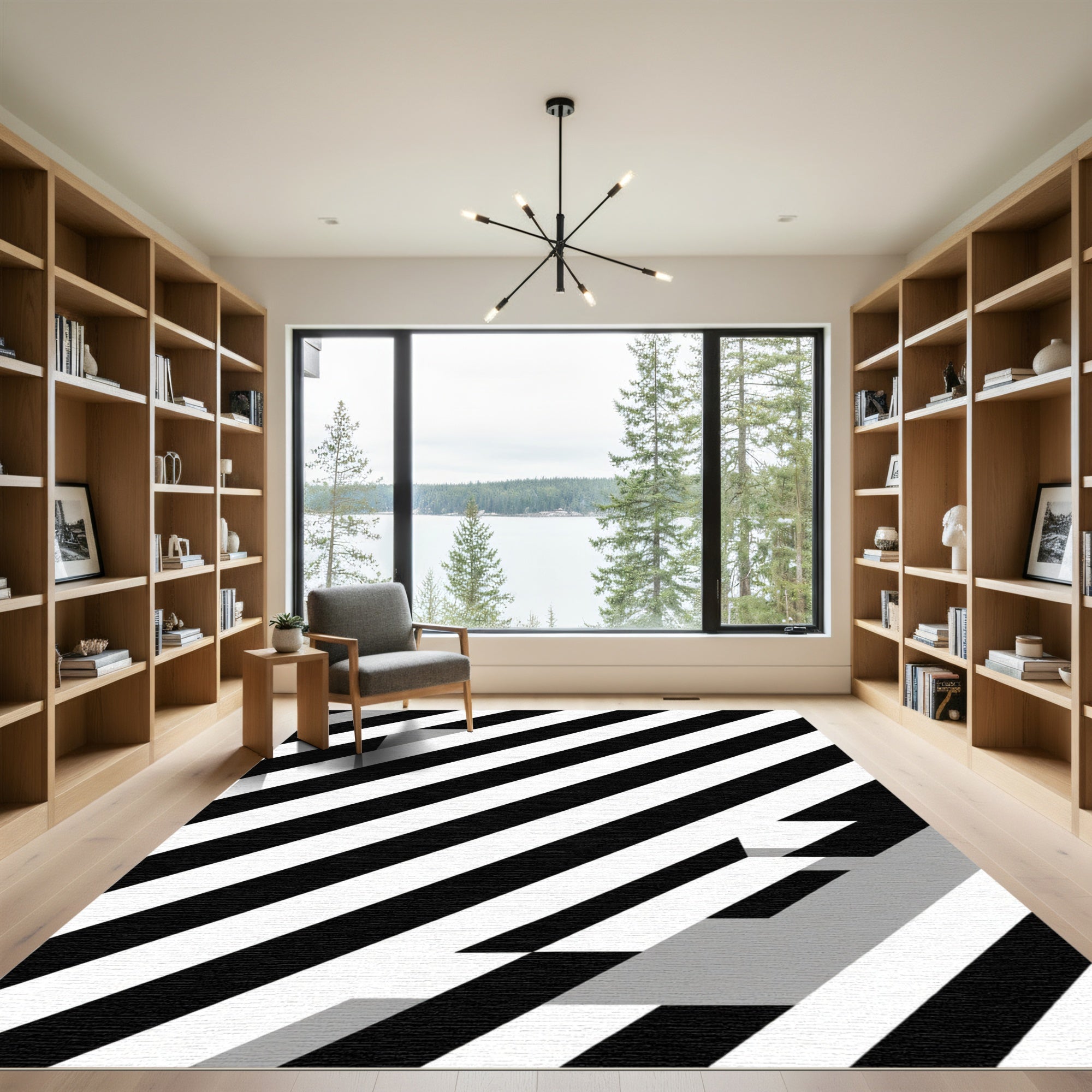 Bold Black White Angled Stripe Rug