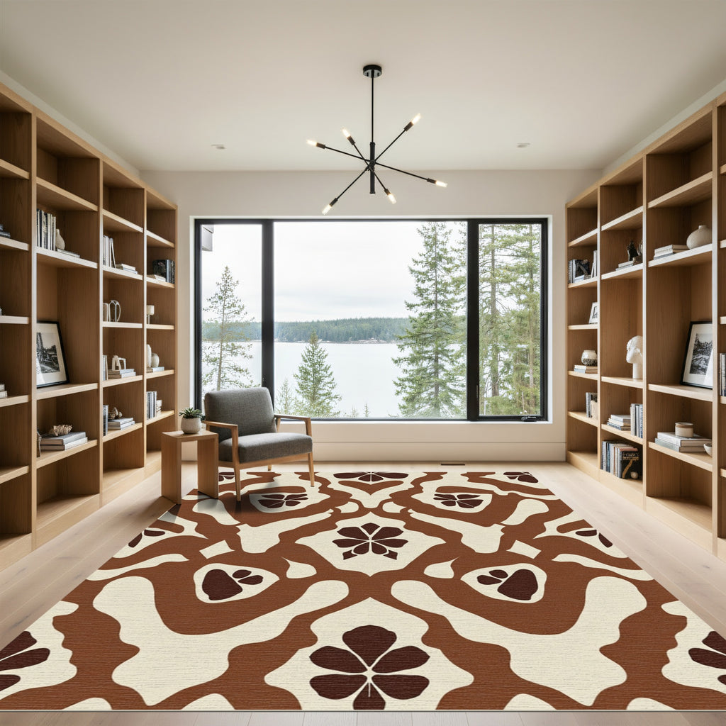 Cream Brown Floral Damask Layout Rug