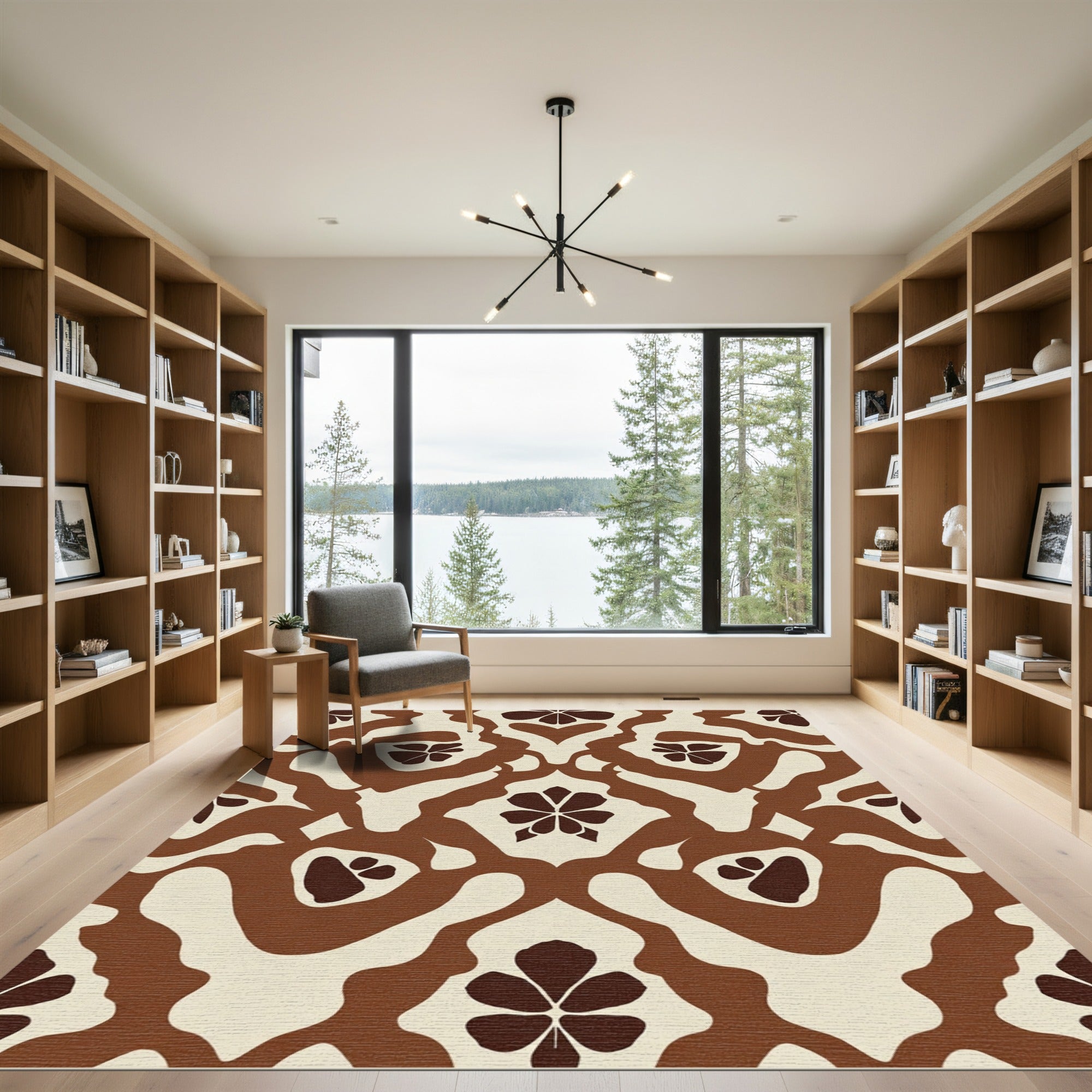 Cream Brown Floral Damask Layout Rug