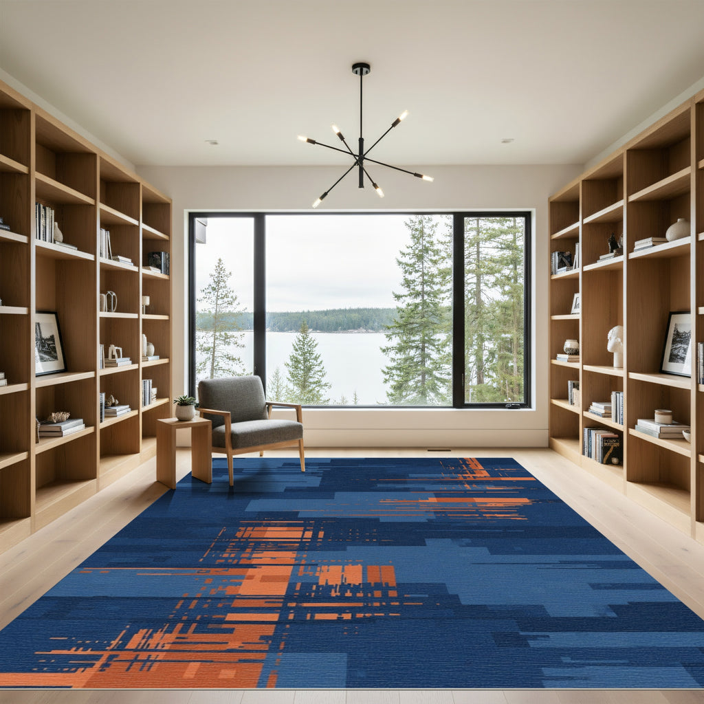 Deep Blue Orange Glitch Rectangles Rug