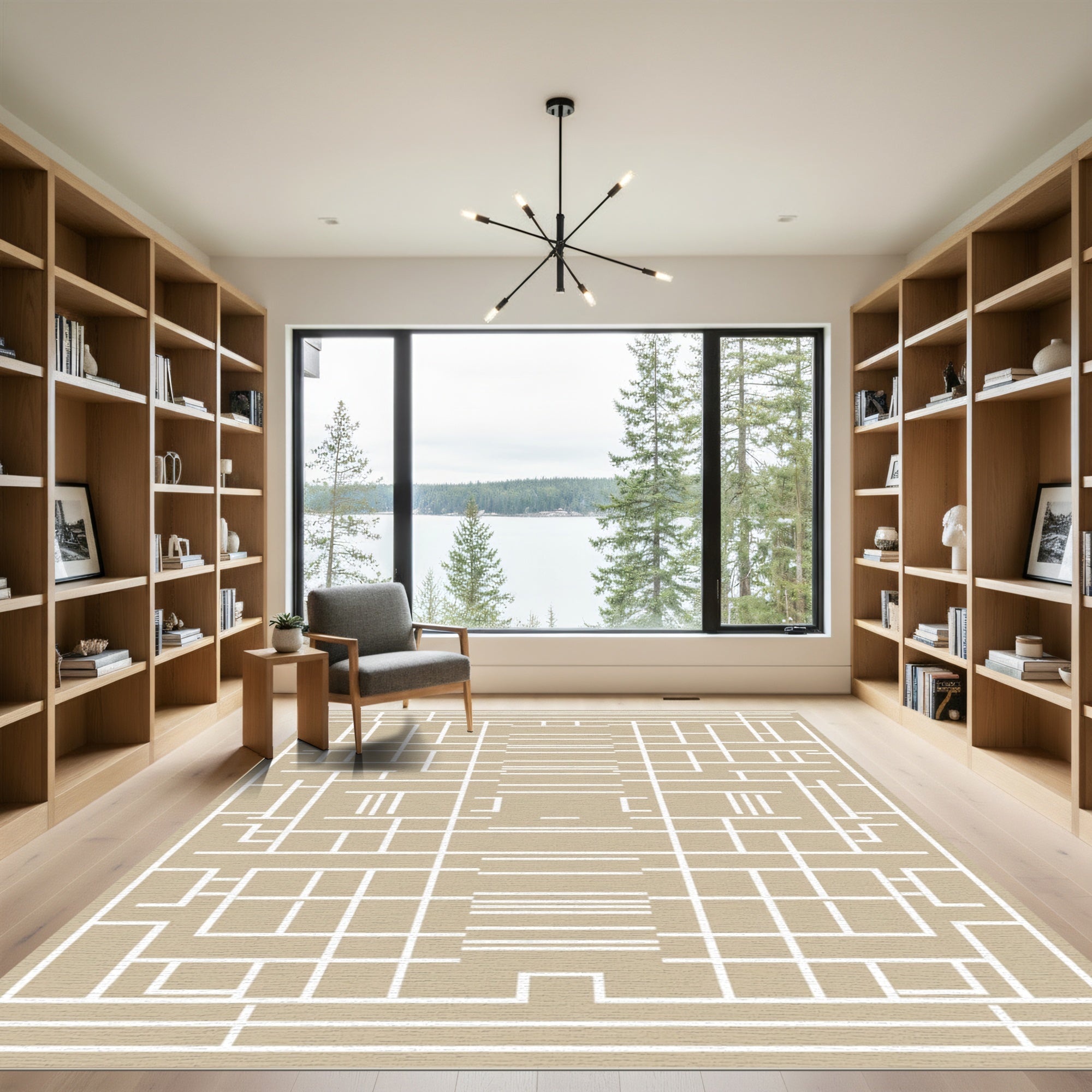 Modern Taupe Geometric Grid Rug