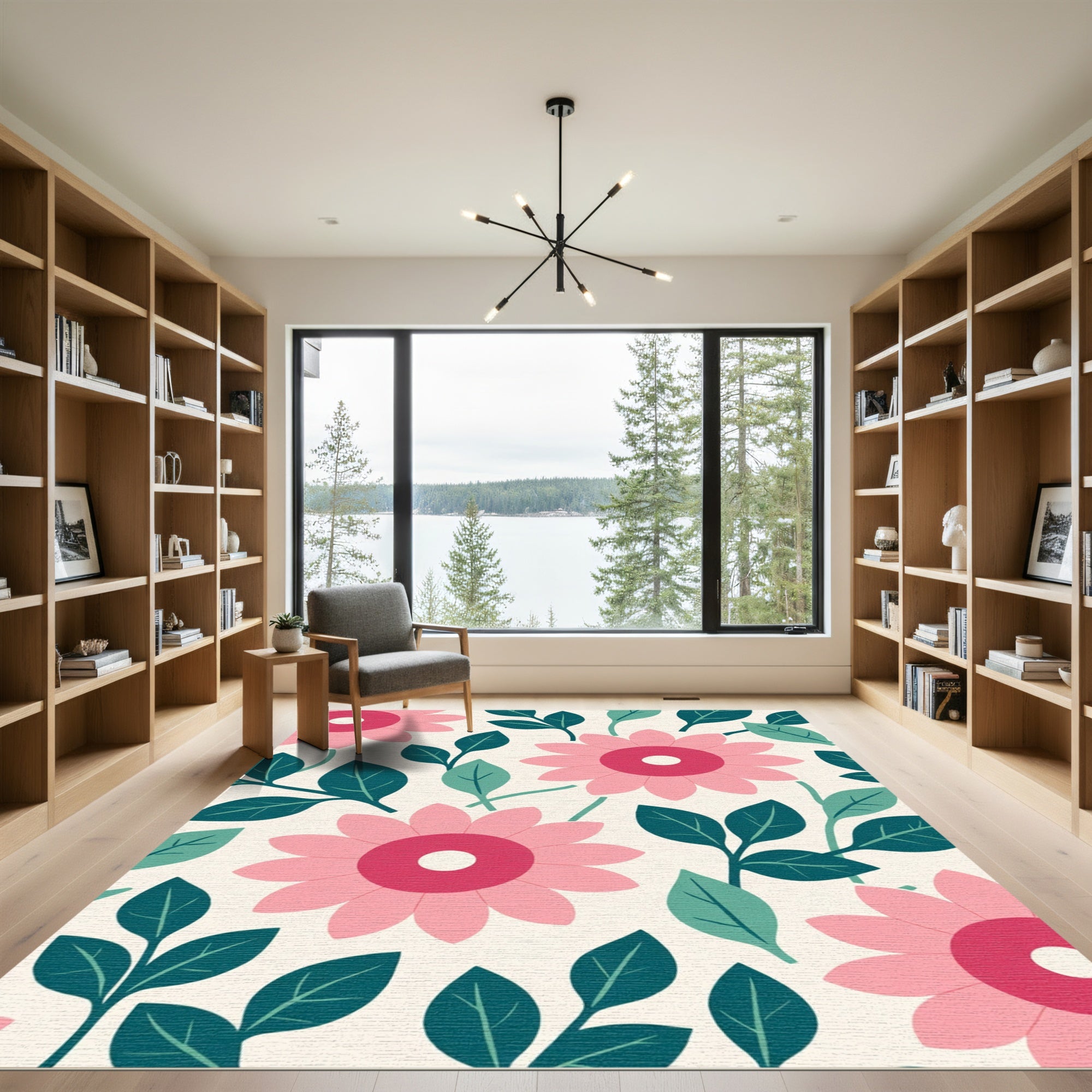 Pink Floral Leafy Meadow Rug