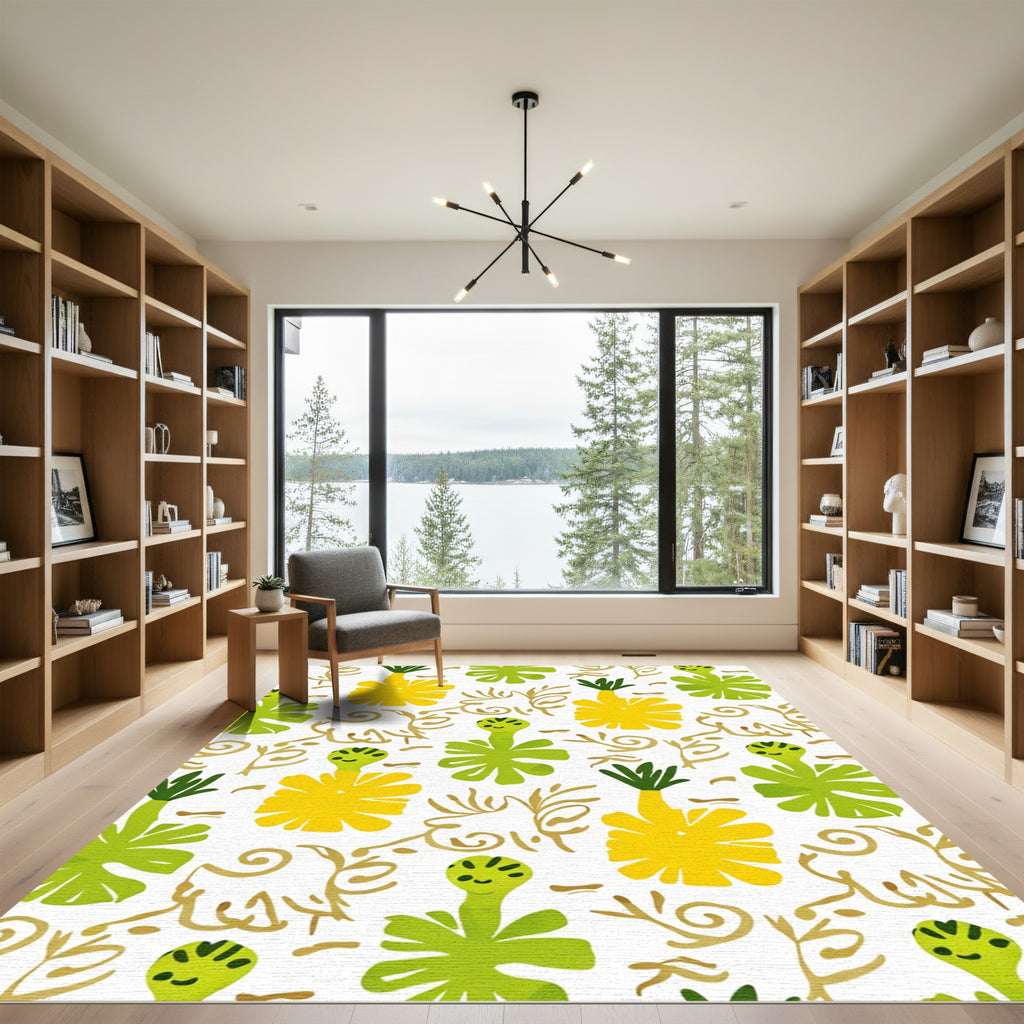 Whimsical Yellow Green Tropical Floral Rug