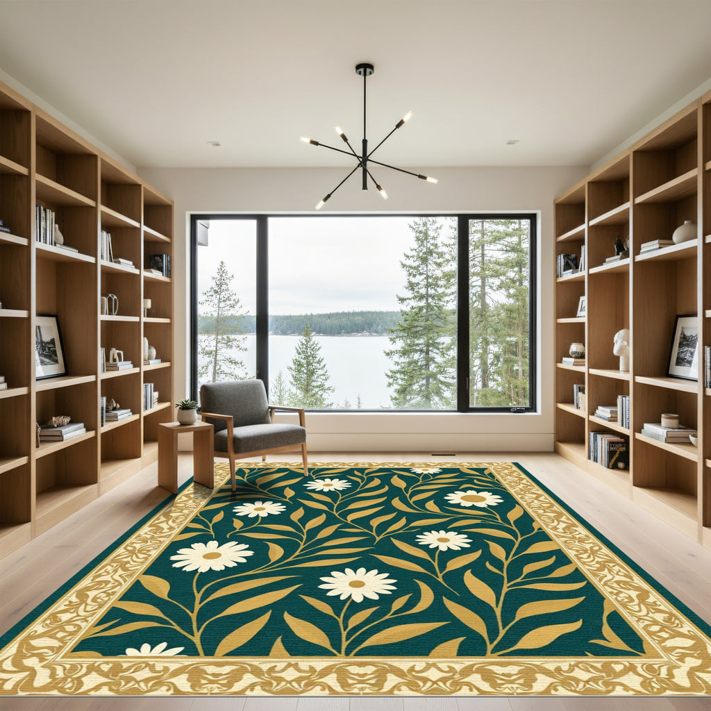 Dark Teal Daisy Vine Border Rug