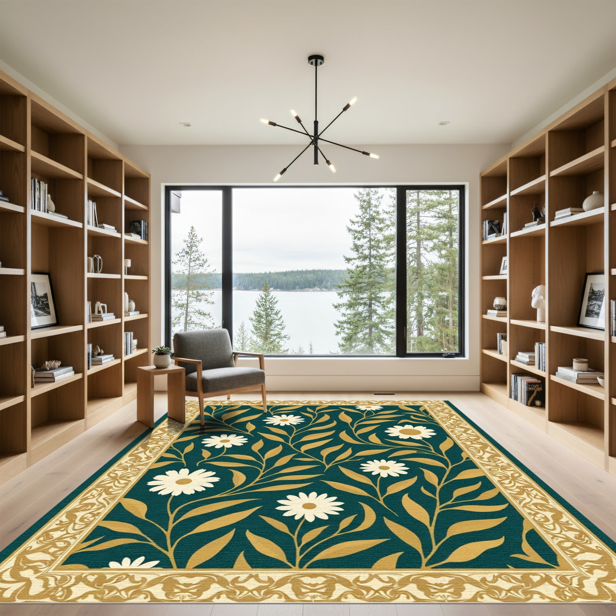 Dark Teal Daisy Vine Border Rug