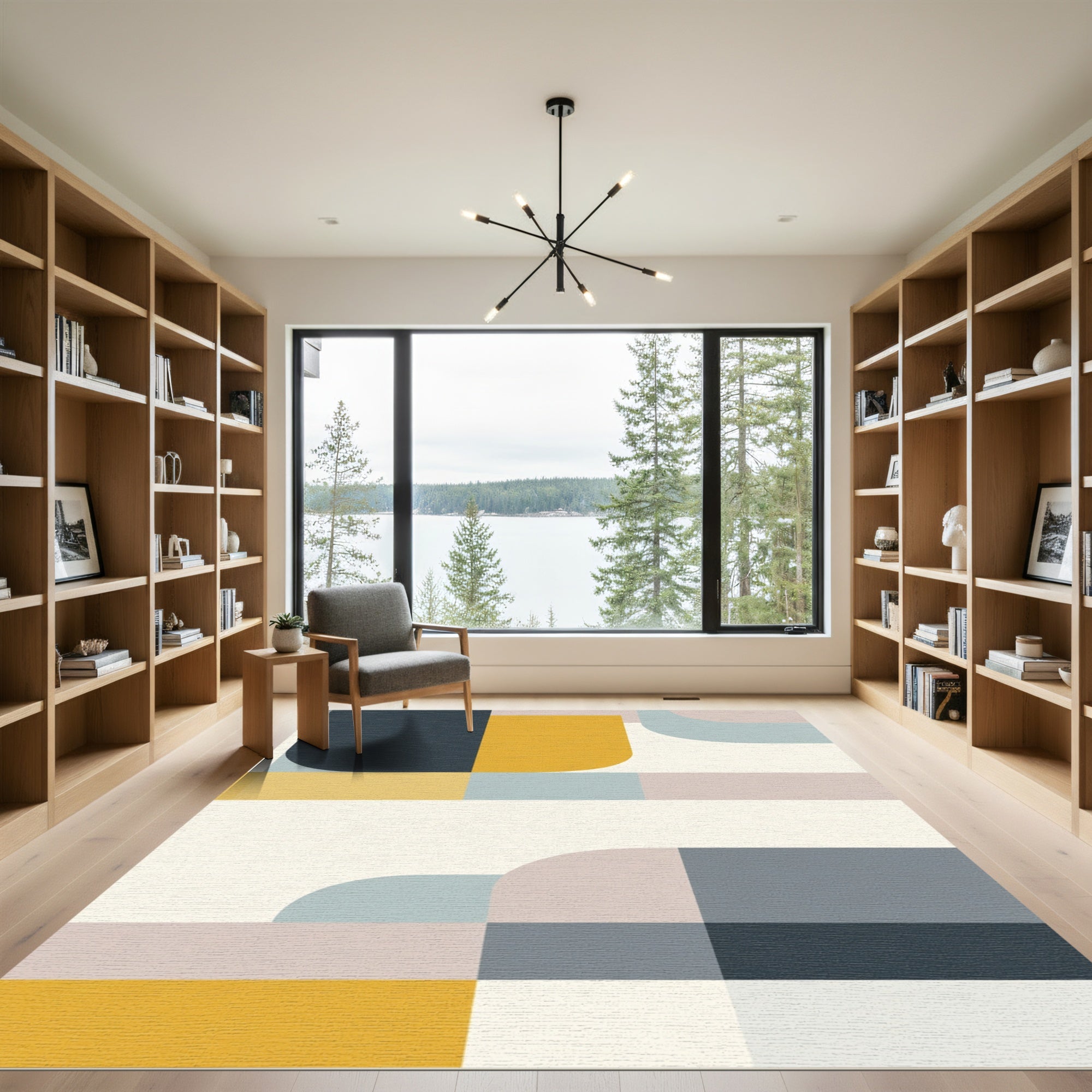 Modern Ochre Blue Geometric Abstract Rug