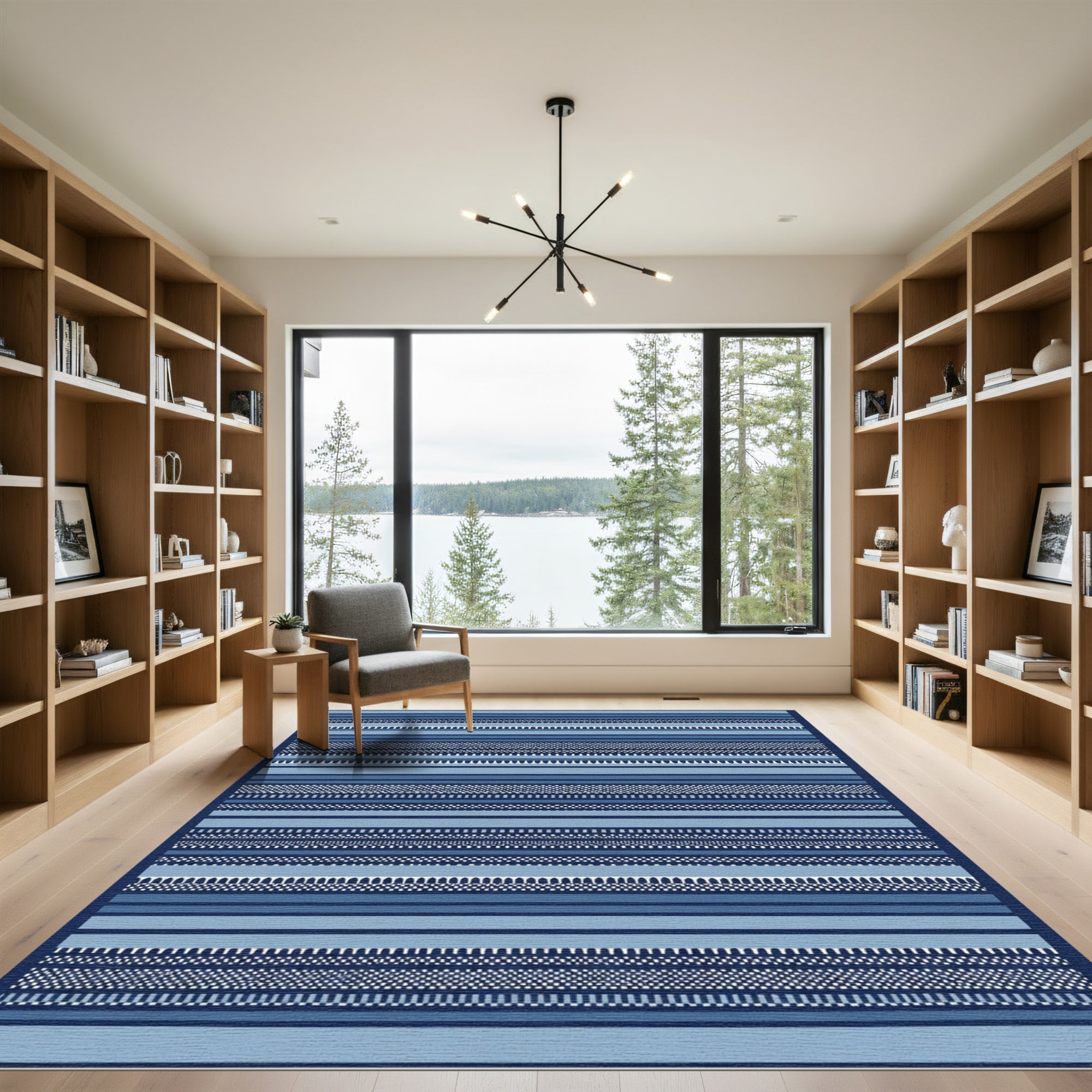 Striped Blue Variety Geometric Border Rug