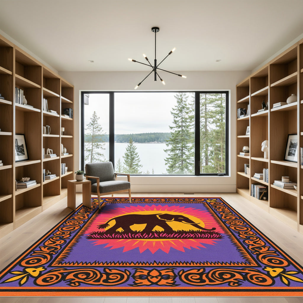Vibrant Elephant Sun Graphic Border Rug