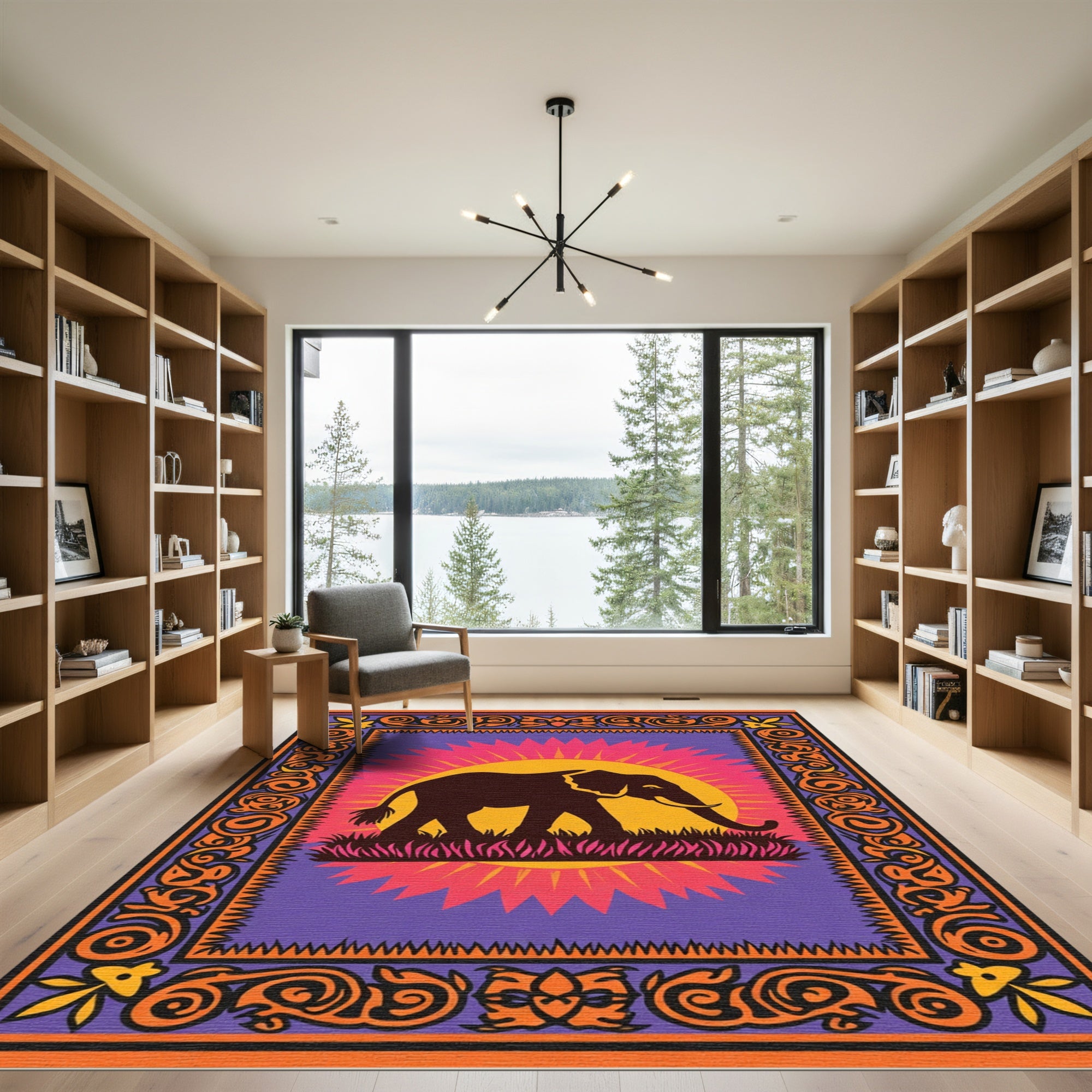 Vibrant Elephant Sun Graphic Border Rug