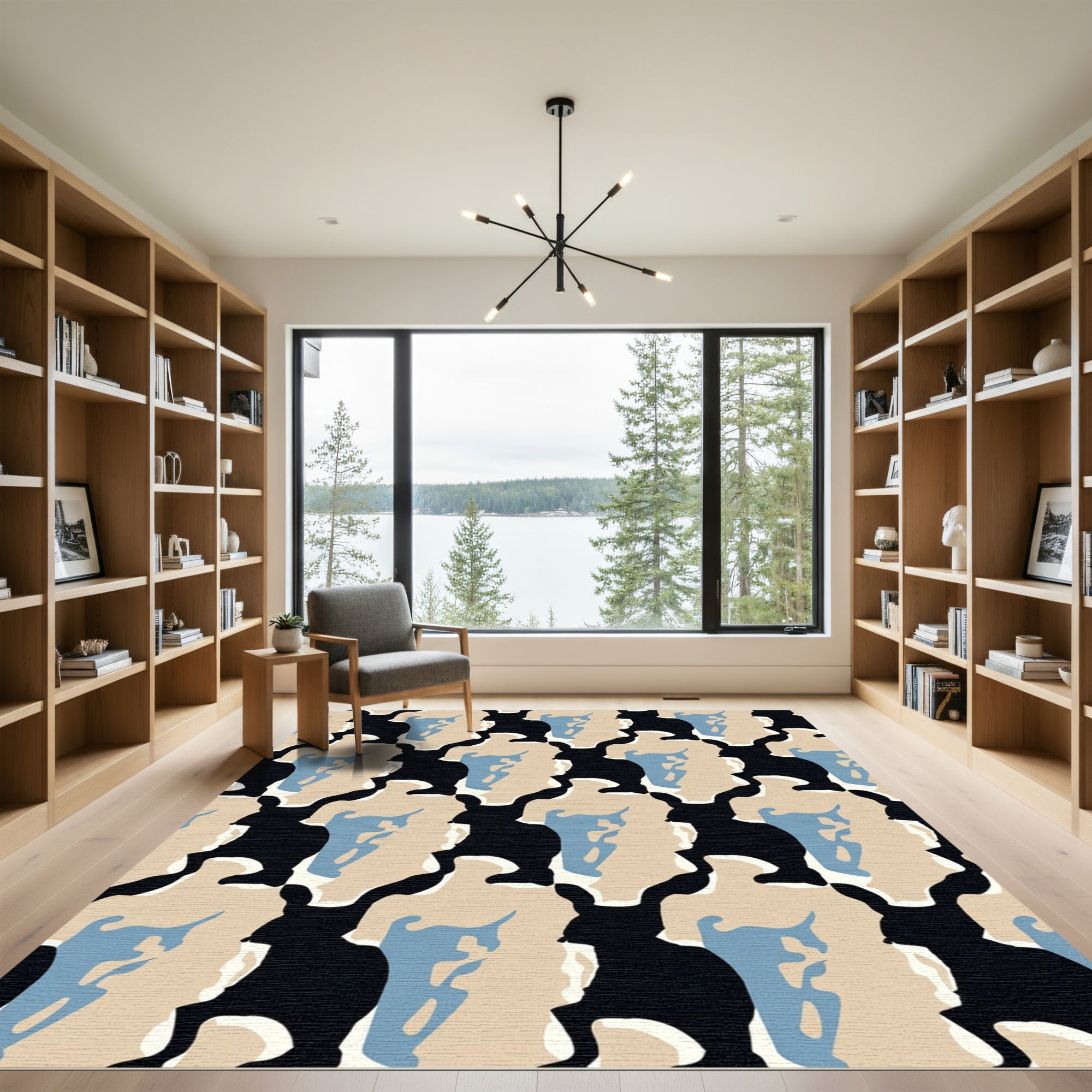 Black Tan Blue Abstract Silhouette Repeat Rug