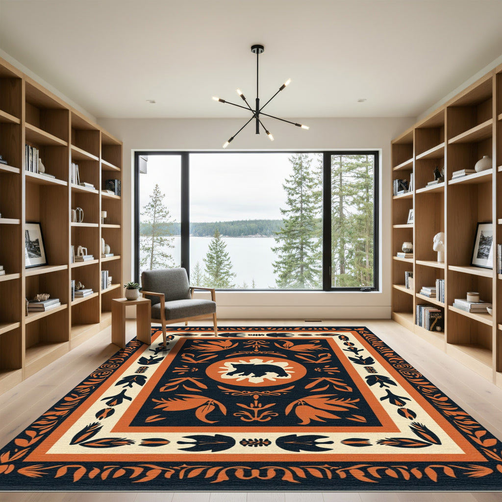 Black and Orange Bear Floral Border Rug