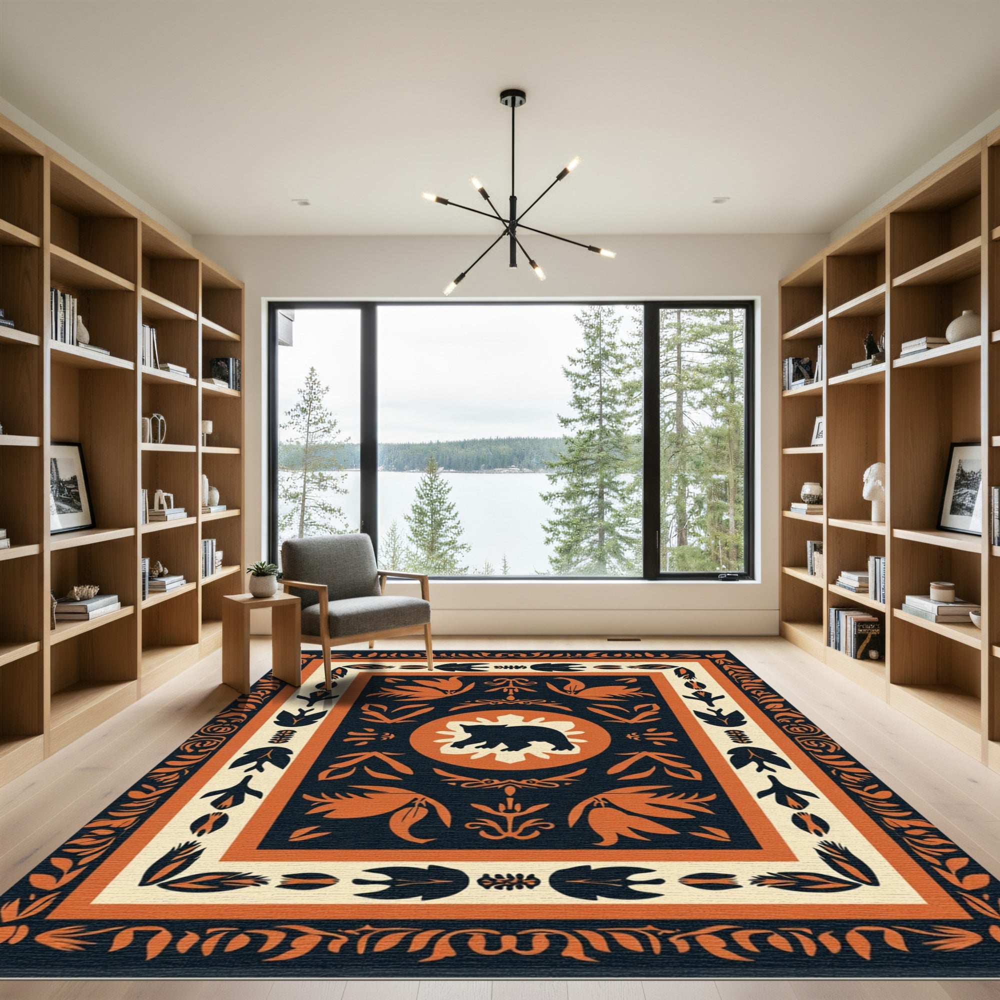 Black and Orange Bear Floral Border Rug