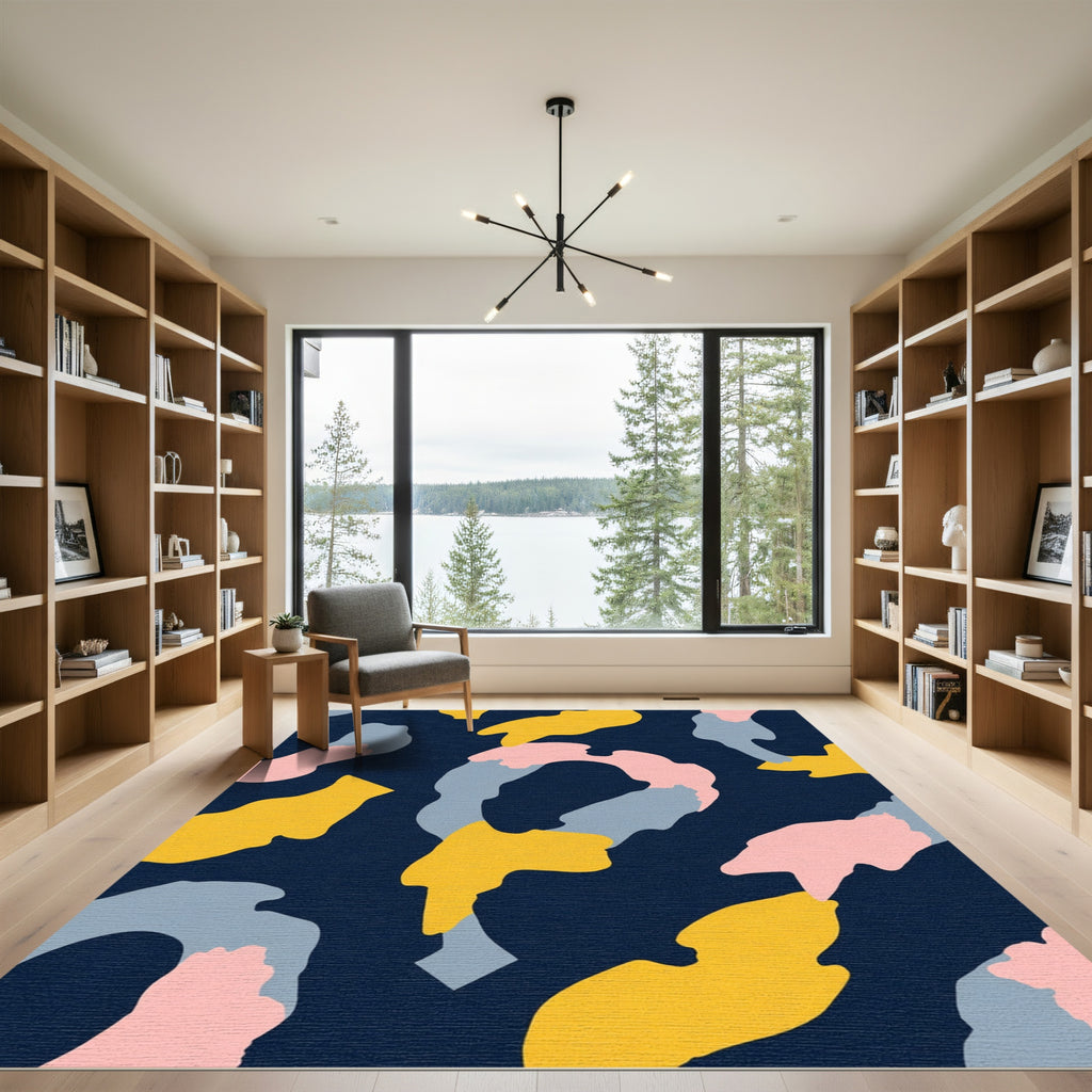 Abstract Navy Yellow Pink Blue Swirls Rug