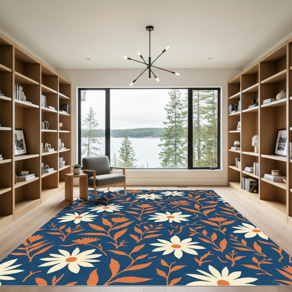 Navy Deep Orange Daisy Floral Meadow Rug