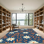 Navy Deep Orange Daisy Floral Meadow Rug
