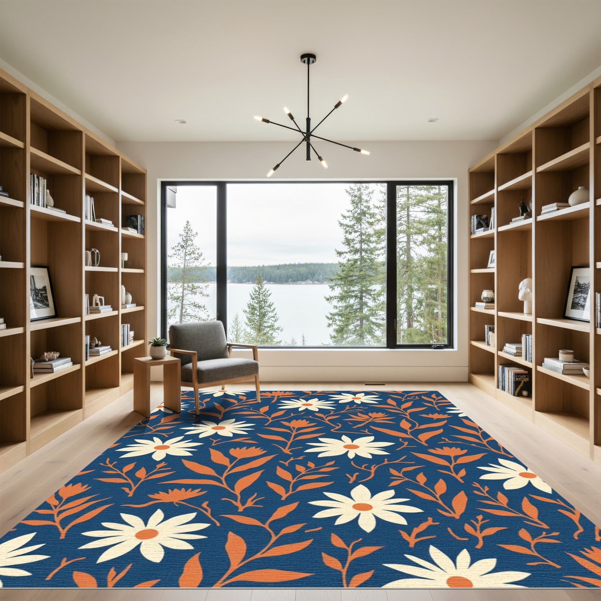 Navy Deep Orange Daisy Floral Meadow Rug