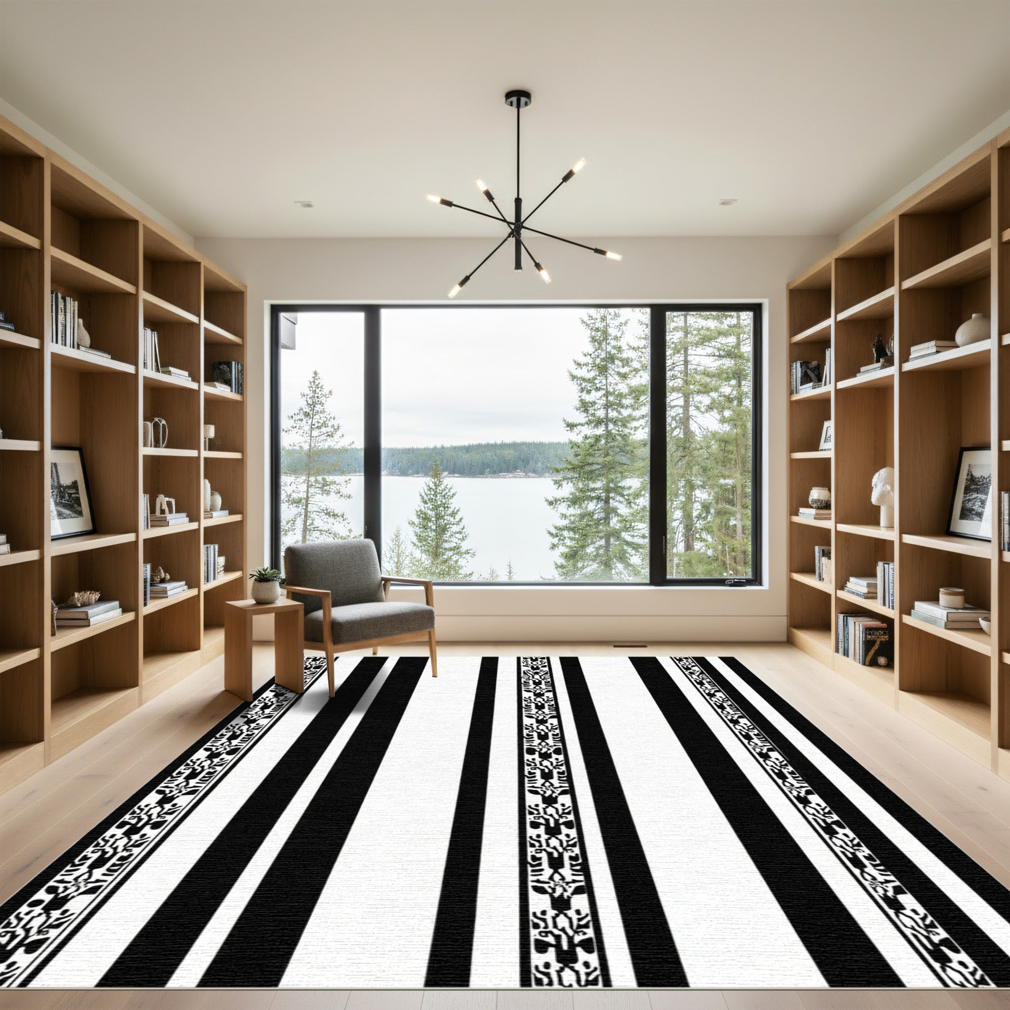 Black White Stripes Animal Border Rug