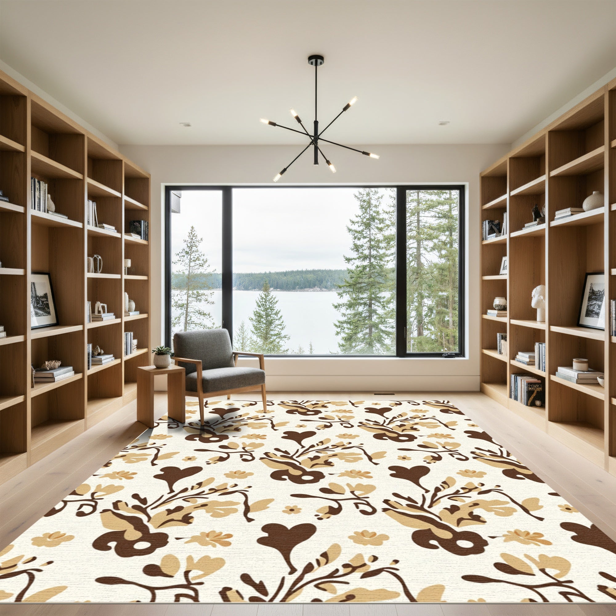 Brown Tan Heart Floral Scroll Rug