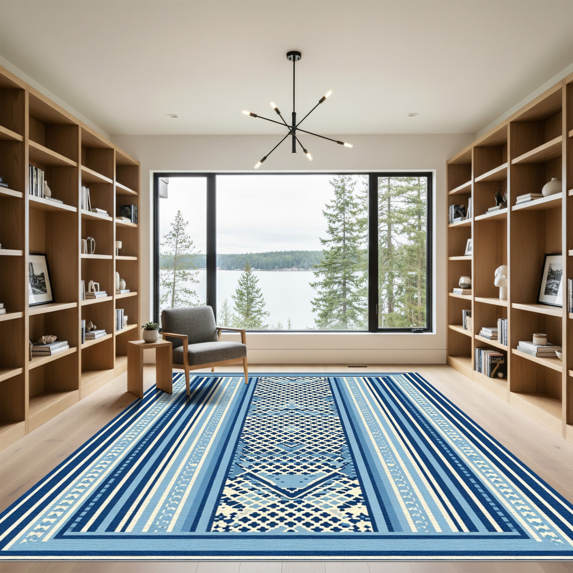 Geometric Blue Striped Central Medallion Rug