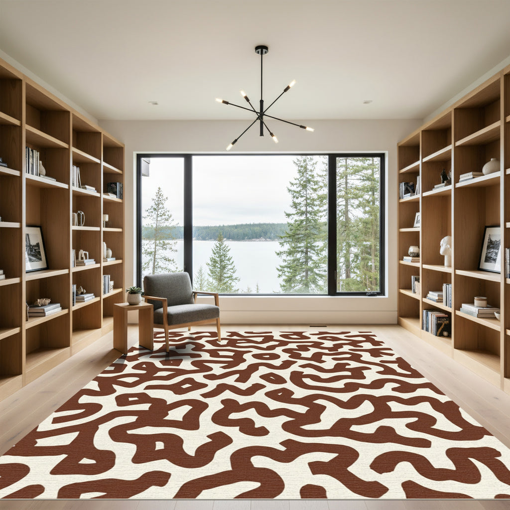 Brown Cream Abstract Maze Rug