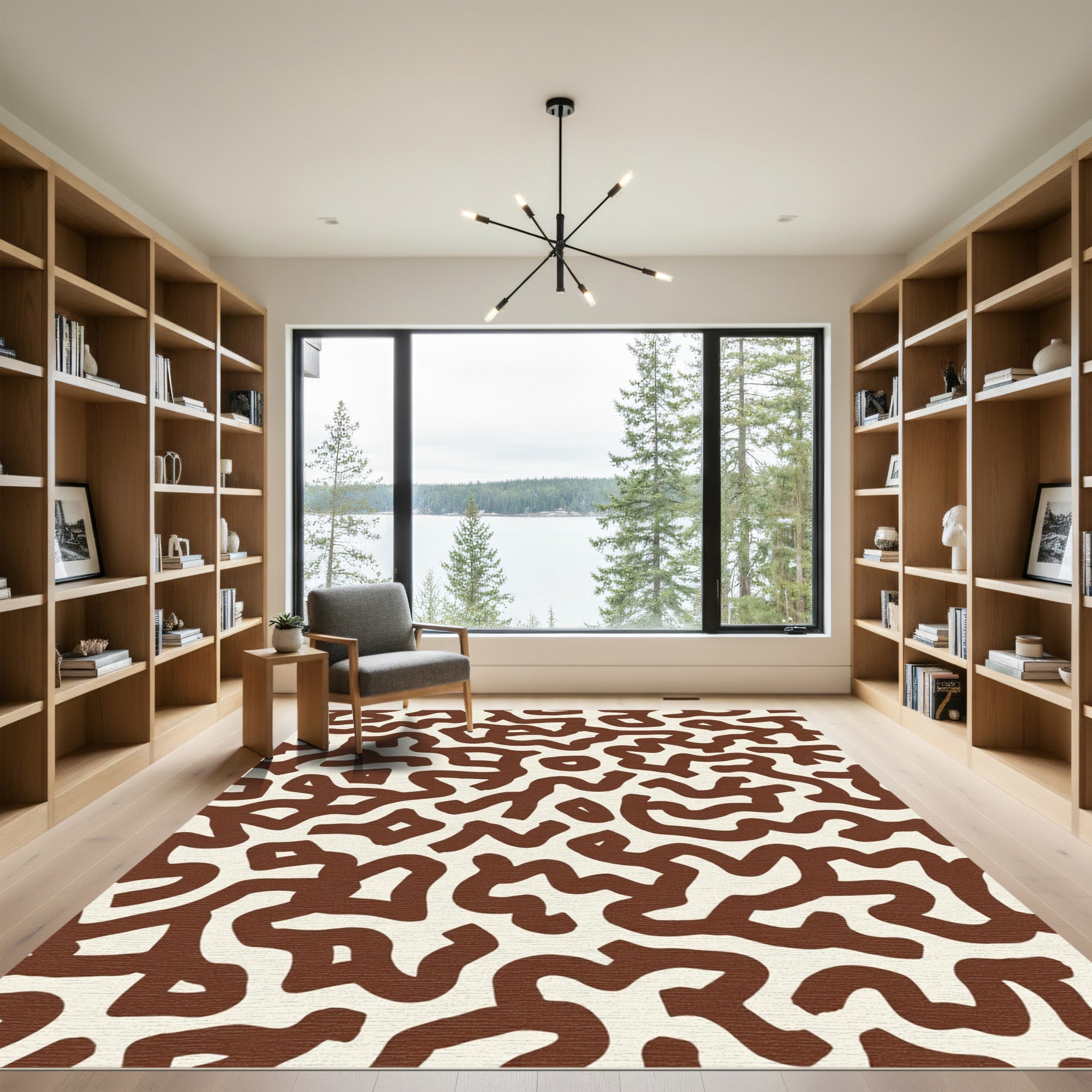 Brown Cream Abstract Maze Rug