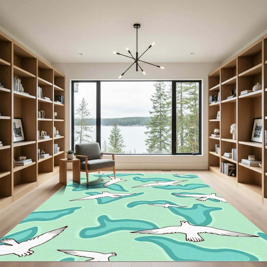 White Birds Amidst Teal Camouflage Flow Rug