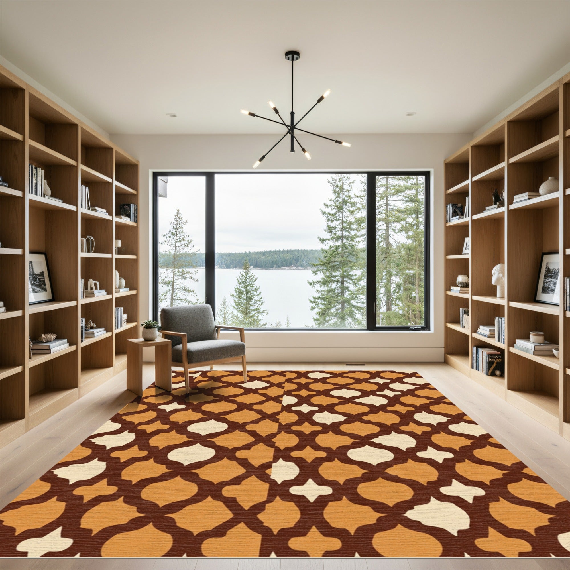 Earthy Ochre Lattice Arabesque Repeat Rug