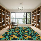 Deep Teal Ochre Abstract Floral Harmony Rug