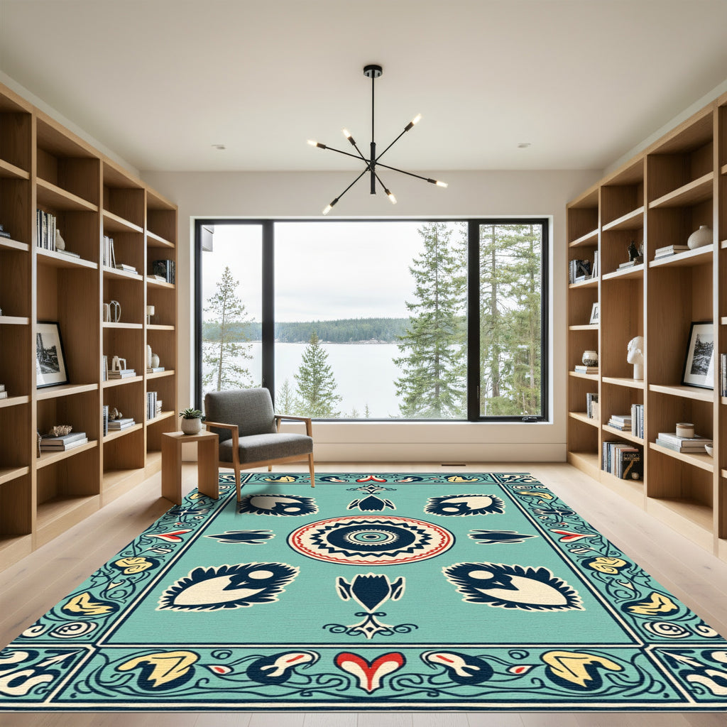 Aqua Red Teal Folk Art Blossom Rug