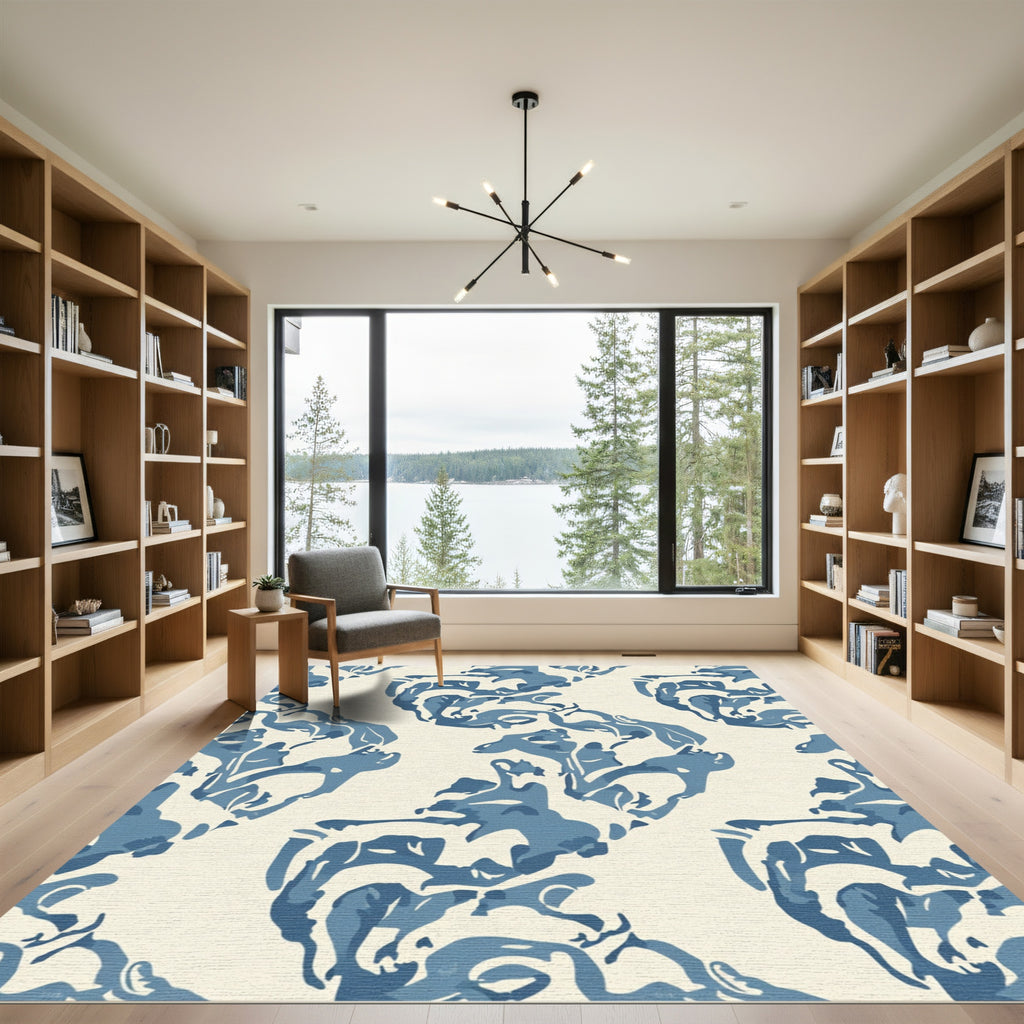 Abstract Ivory Blue Organic Swirl Rug