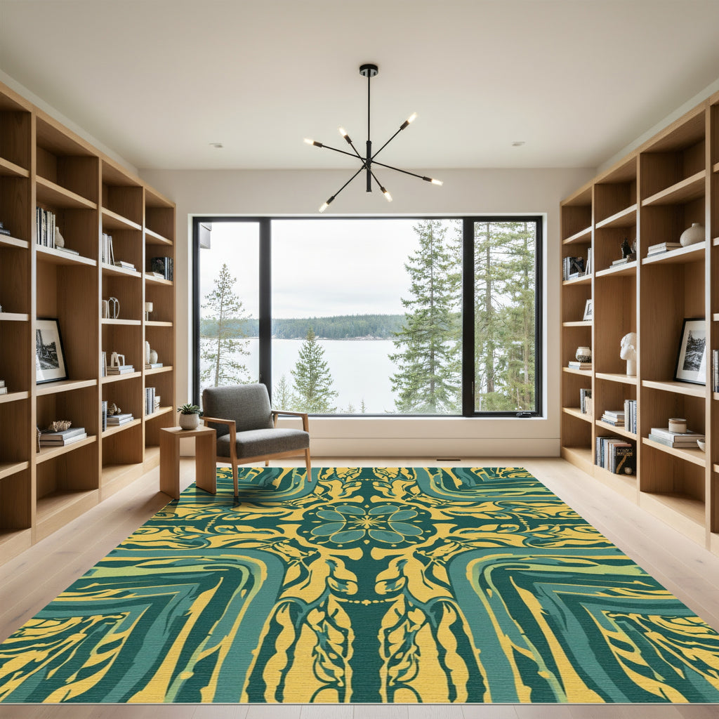 Teal and Gold Floral Medallion Symmetry Rug