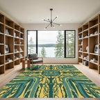 Teal and Gold Floral Medallion Symmetry Rug