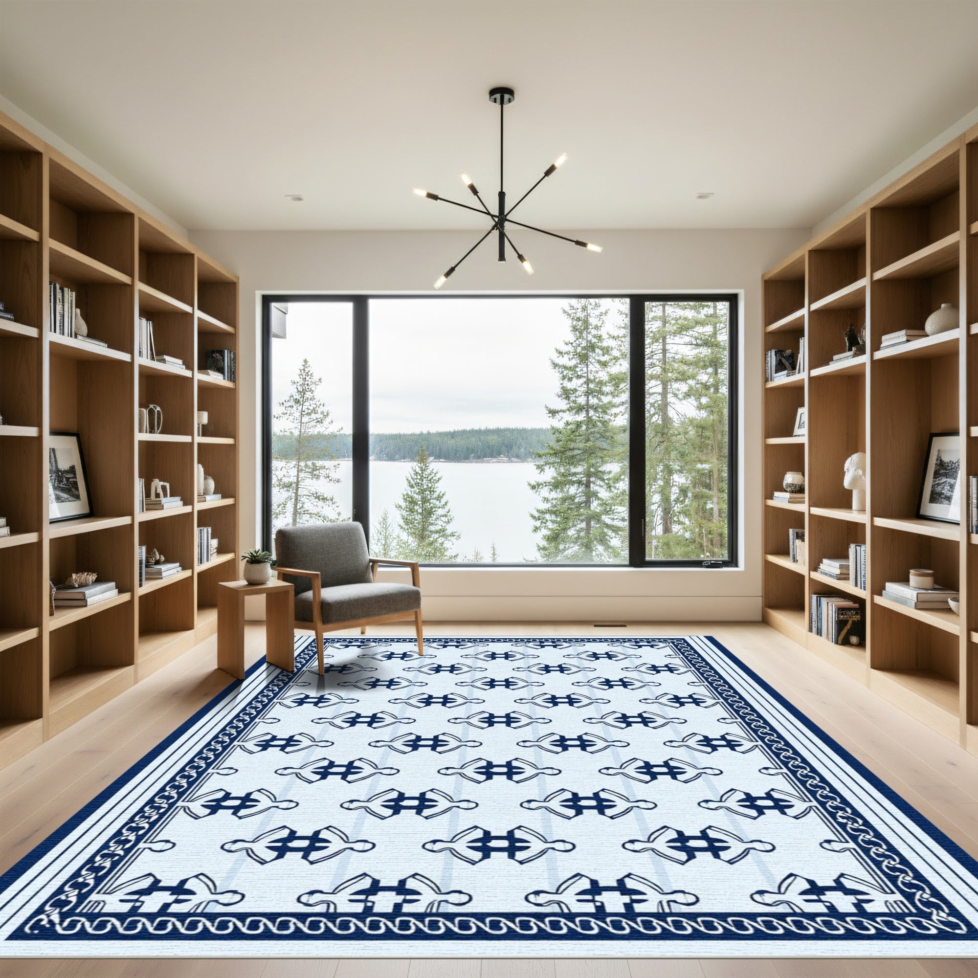 Blue Abstract Family Figures Border Rug