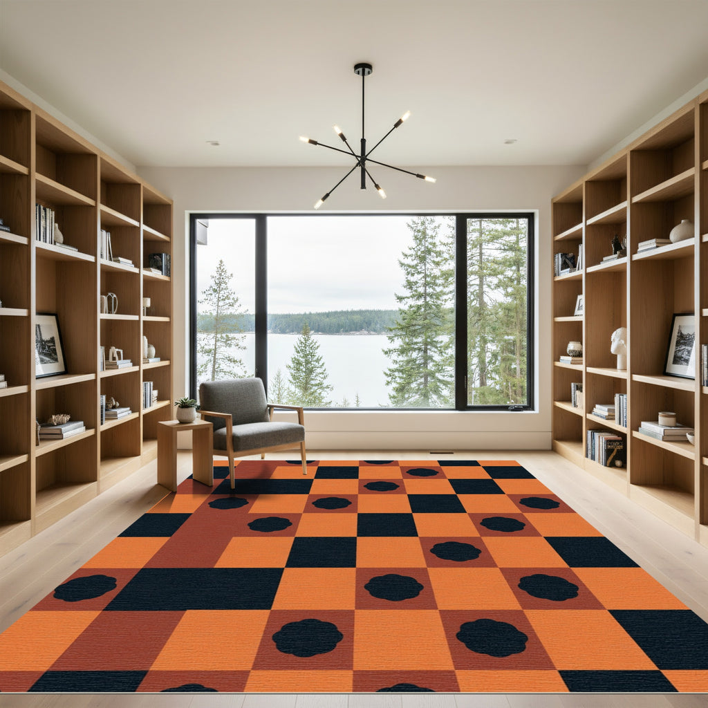 Orange Black Flower Checkered Square Rug