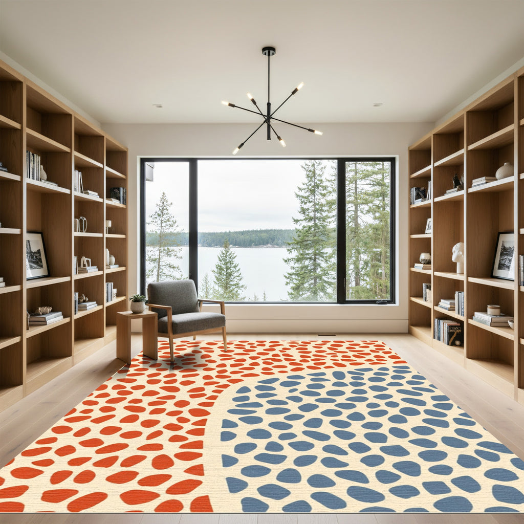 Crimson Blue Abstract Pebble Scatter Rug