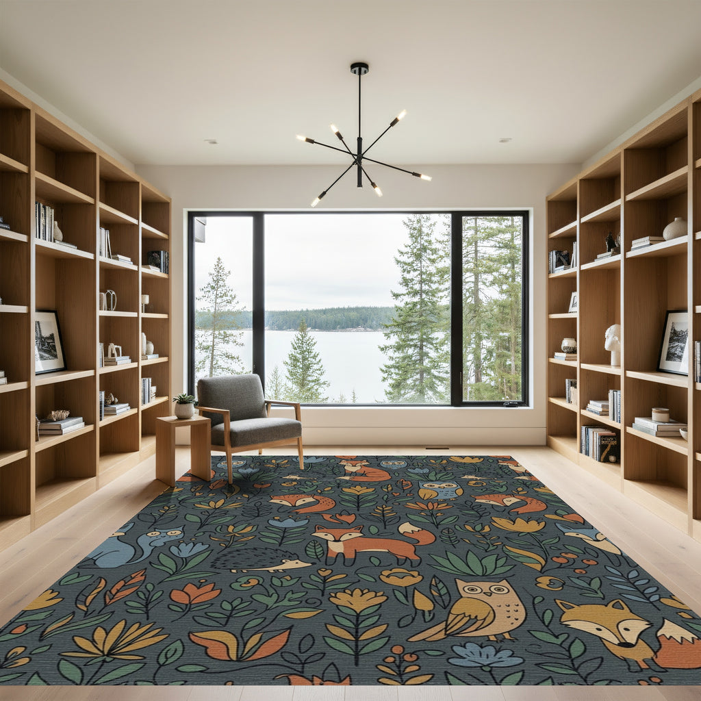 Woodland Creatures Foliage Mid Century Rug