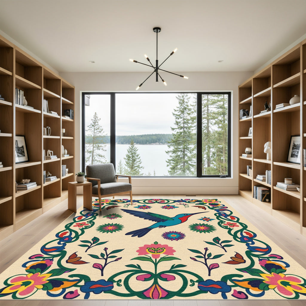 Colorful Hummingbird Floral Border Rug