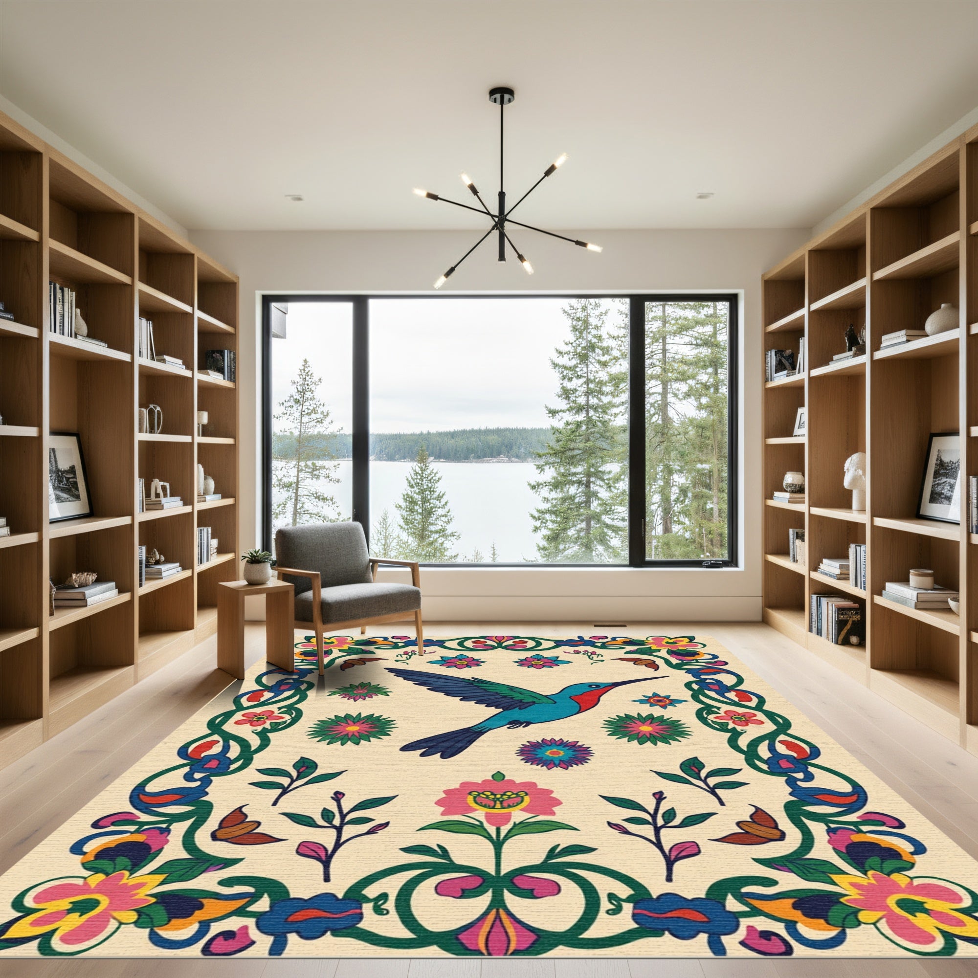 Colorful Hummingbird Floral Border Rug