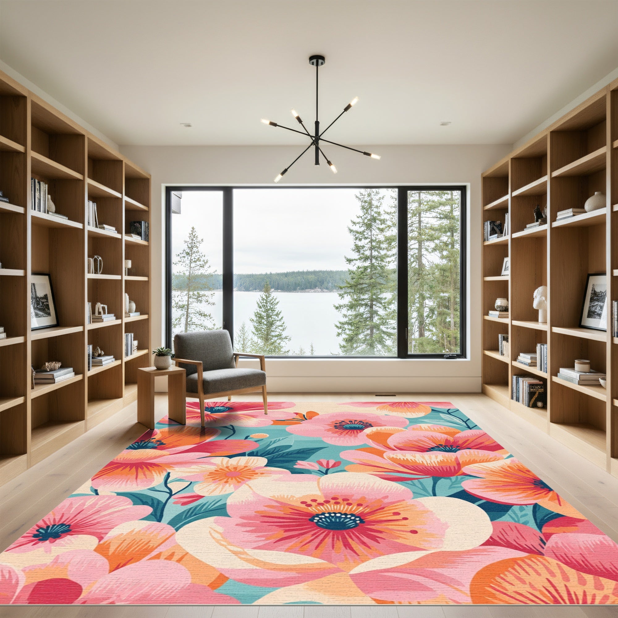 Vibrant Pink Orange Floral Garden Rug