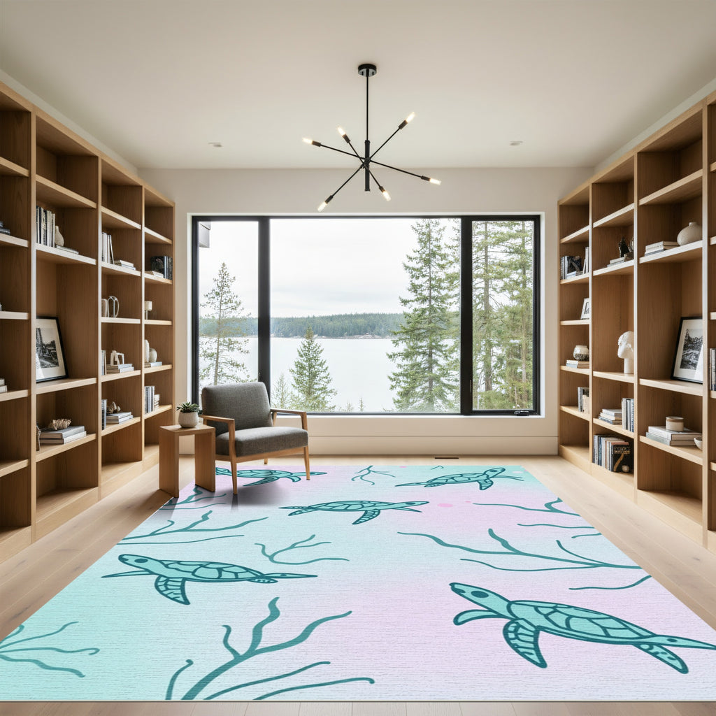 Serene Teal Turtles Coral Gradient Rug